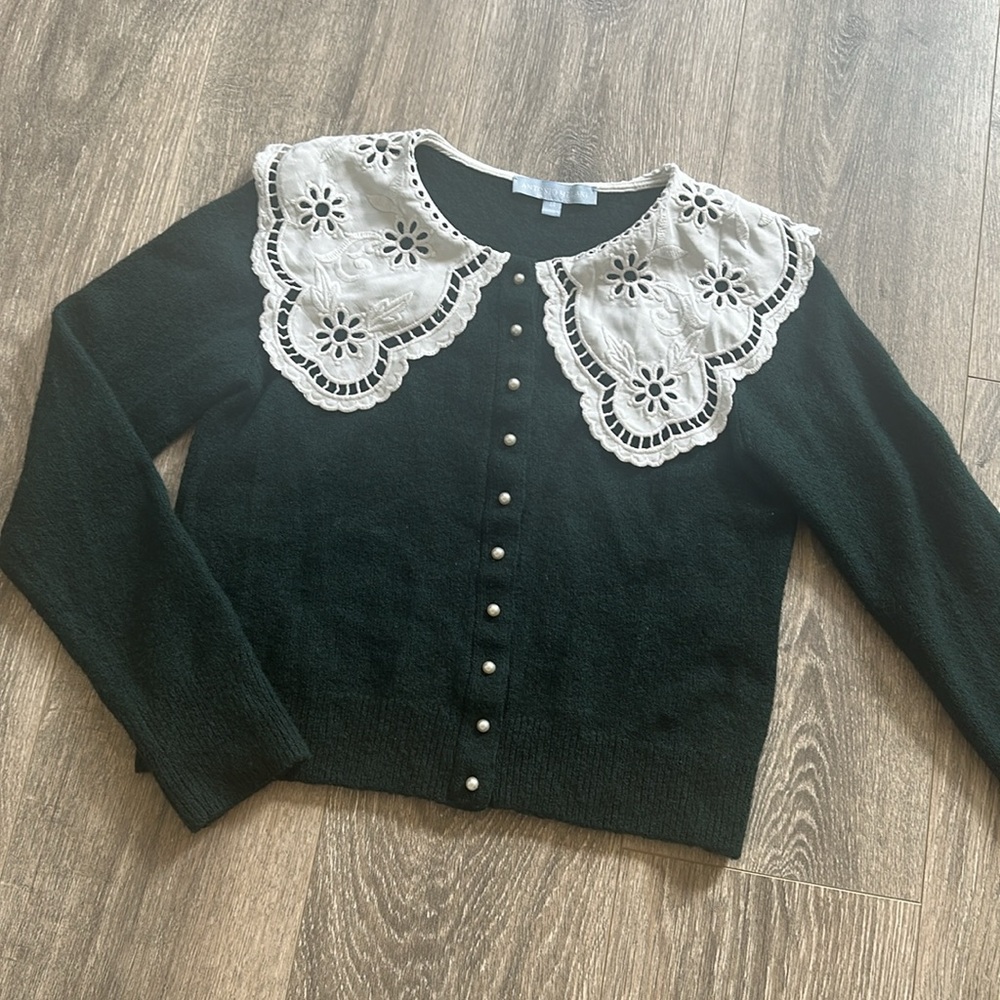 Antonio Melani dark green cardigan with white lace collar